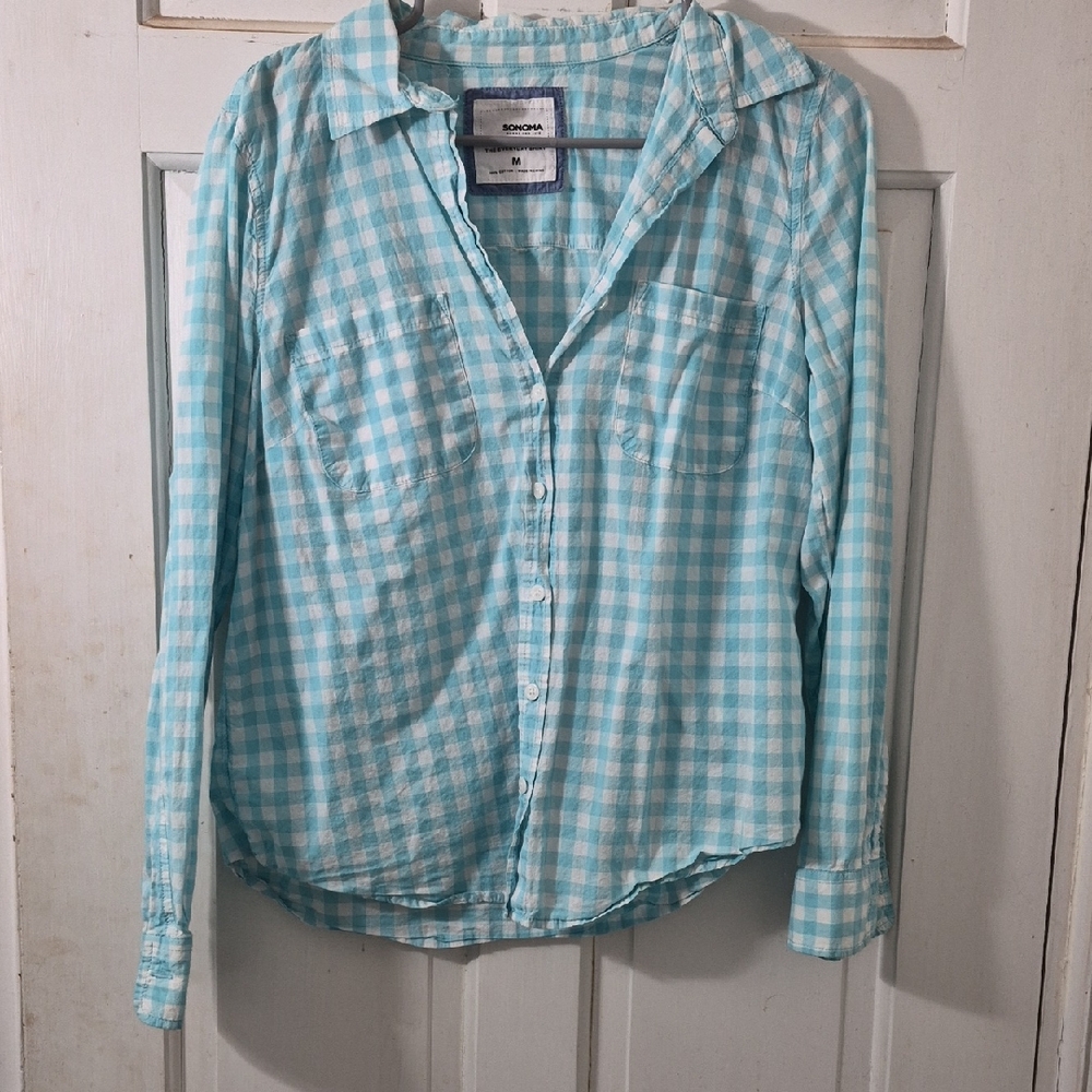 Sonoma Aqua and White Gingham Button-Front Shirt